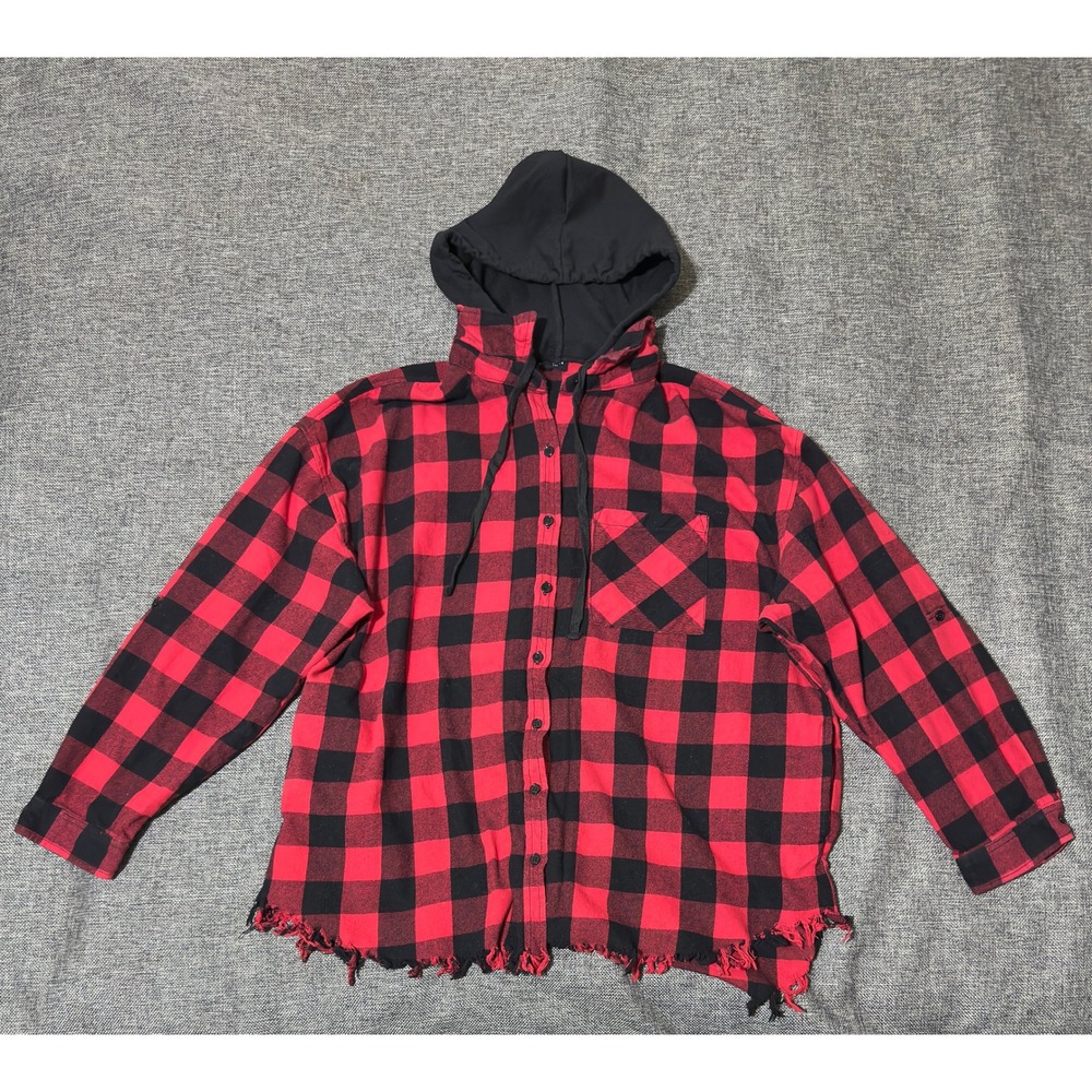 Risen Womens 1XL Shirt Red Buffalo Plaid Hooded Distressed Hem